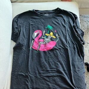 Black Graphic T-Shirt with Skeleton and Flamingo